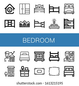 bedroom simple icons set. Contains such icons as Laugh room, Closet, Hotel de glace, Bed, Bunk bed, Estate agent, Apartment, Bedside table, can be used for web, mobile and logo