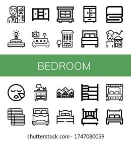 bedroom simple icons set. Contains such icons as Real estate, Bed, Closet, Living room, Apartment, Cover, Estate agent, Sleeping, Mattress, can be used for web, mobile and logo