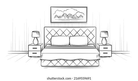 Bedroom sketch interior. Home room with blanket bed outline drawing, house sleep space furniture perspective hands drawn, apartment indoor ink design vector illustration