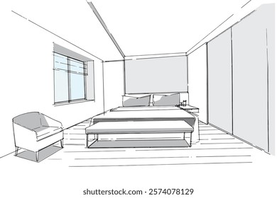 bedroom sketch,a line drawing Using interior architecture, assembling graphics, working in architecture, and interior design, among other things.,house interior or interior design