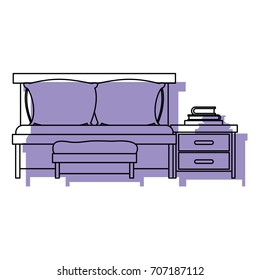 bedroom with sofa bed and books over nightstand purple watercolor silhouette on white background vector illustration
