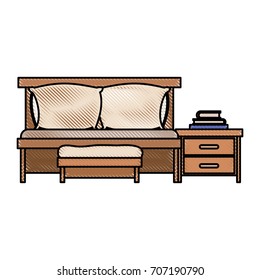 bedroom with sofa bed and books over nightstand in color crayon silhouette on white background vector illustration