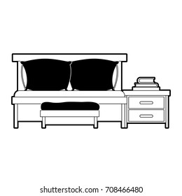 bedroom with sofa bed and books over nightstand black color section silhouette on white background vector illustration