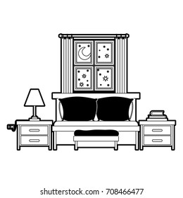 bedroom with sofa bed window in the night landscape black color section silhouette on white background vector illustration