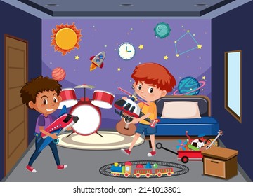 Bedroom In Space Galxy Theme With Children Cartoon Character Illustration