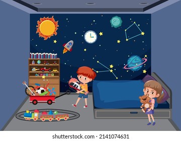 Bedroom In Space Galxy Theme With Children Cartoon Character Illustration