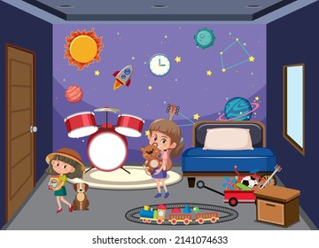 Bedroom In Space Galxy Theme With Children Cartoon Character Illustration