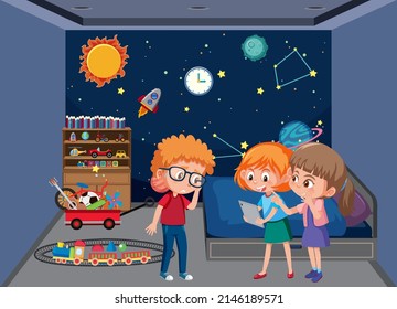 Bedroom In Space Galxy Theme With Children Cartoon Character Illustration