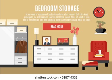 Bedroom storage with chest of drawers jewelry case and wardrobe flat vector illustration 