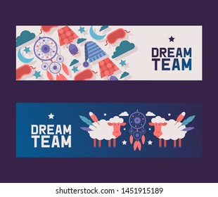 Bedroom supplies set of banners vector illustration. Evening sky with sheep and dream catcher among clouds, stars and moon. Night equipment concept. Sleeping mask and hat.