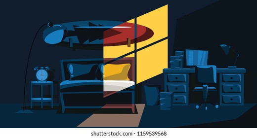bedroom and surfboard decorations at night vector illustration 
