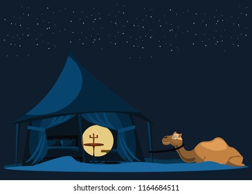bedroom tent and camel in desert at nights vector illustration 