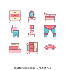Bedroom thin line color icons set, vector illustration