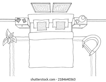 Bedroom top view from above graphic black white home interior sketch illustration vector 