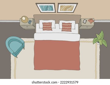 Bedroom top view from above graphic color home interior sketch illustration vector 