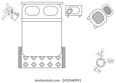 Bedroom top view from above. Outlined contoured room plan. Flat black and white interior illustration