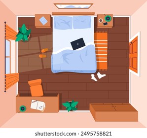 Vista superior del dormitorio. Cama con portátil cerca de armario con ropa y mesita de noche con teléfono inteligente. Moderno diseño de interiores y habitaciones. Decoración de moda para el apartamento. Ilustración vectorial plana