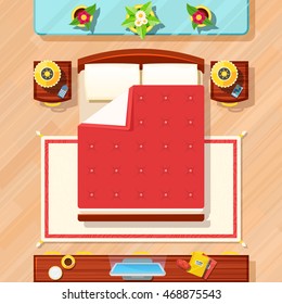 Bedroom top view design with bed TV lamps and flowers flat vector illustration