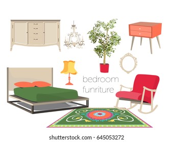 bedroom vector furniture set illustration. Collection of home house decor elements.  Retro vintage boho style.