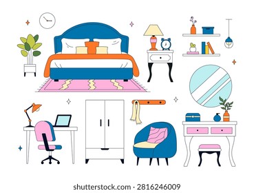 Bedroom Vector Illustration Featuring Modern Interior Design, Cozy Sleeping Space, Home Furniture, Comfortable Living, and Minimalist Room