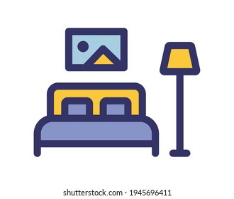 Bedroom vector illustration interior design with a king bed, a lamp and an artwork.