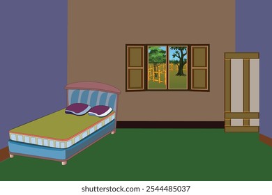 Ilustración vectorial de dormitorio con vista a la ventana de la naturaleza, cama y armario de madera - diseño interior arte gráfico
