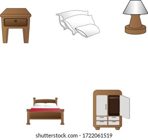 Juego de vectores de habitación, con mesa de noche, almohadas, lámpara, cama, armario