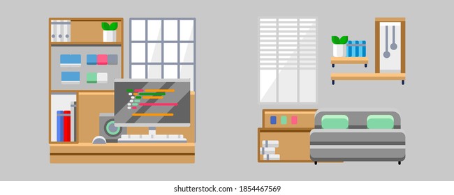bedroom vector and work desk vector designed in a minimalist style