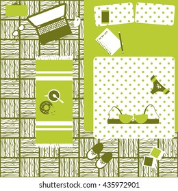 Bedroom to view, vector template of girl's room with laptop, coffee, underwear, to do list