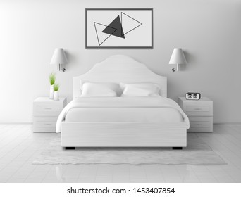 Bedroom white interior, modern home or hotel empty apartment with double king size bed, nightstands, lamp and alarm clock, luxury bedchamber indoor design. Realistic 3d vector illustration