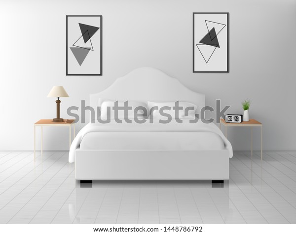 寝室の白い室内 モダンな家 ホテルの空きアパート 二重のキングサイズのベッド ランプと目覚まし時計と寝室 豪華な寝室の室内 デザイン リアルな3dベクターイラスト のベクター画像素材 ロイヤリティフリー