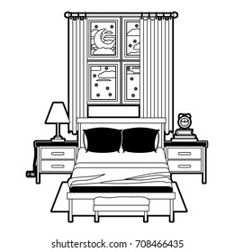 bedroom with window in the night landscape black color section silhouette on white background vector illustration