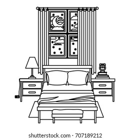 bedroom with window in the night landscape sketch silhouette on white background vector illustration
