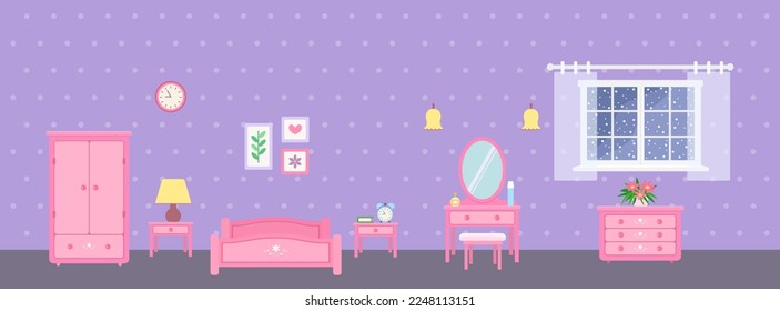 Bedroom with window, pink furniture and accessories on purple background. Doll house interior concept. Cartoon flat style. Vector illustration