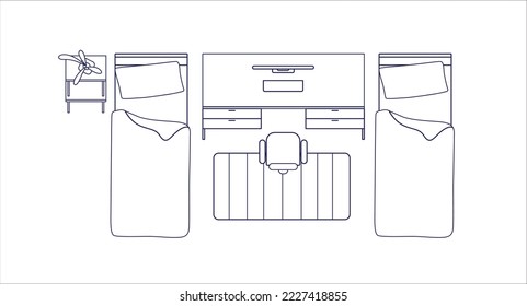 Bedroom and workplace, outlined interior floor plan, top view. Twin beds, computer desk, table and chair, overhead room layout. Contoured flat vector illustration isolated on white background