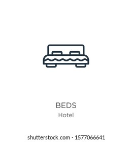 Beds icon. Thin linear beds outline icon isolated on white background from hotel collection. Line vector sign, symbol for web and mobile