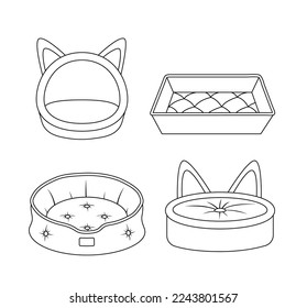 Beds for pets. Coloring page. Black and white dog or cat bed. Color me. Isolated vector illustration eps