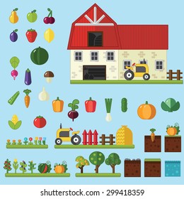 Beds, trees flowers vegetables fruits hay farm building Vector flat illustrations