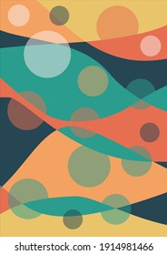 bedsheet design overlapping waves in warm colors red, red, orange, supplemented with green and blue, surreal design using 2d primitives.Vector concept
