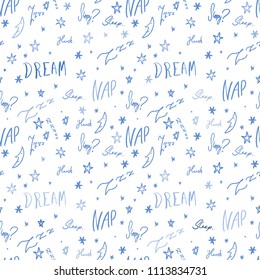 Bedsheets design pattern. Sleepy doodle - sleep time vector texture with handwritten words.