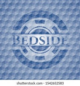 Bedside blue badge with geometric background. Vector Illustration. Detailed.