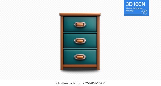 A bedside cabinet featuring three drawers with metal handles. The cabinet has a teal finish complemented by wooden accents. Ideal for enhancing bedroom decor.