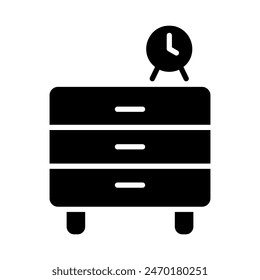 Bedside dresser and clock alarm vector solid icon. Chest of drawer sign. Graph symbol for furniture, web site and apps design, logo, app, UI