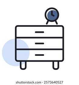 Bedside dresser and clock alarm vector icon. Chest of drawer sign. Graph symbol for furniture, web site and apps design, logo, app, UI