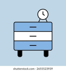 Bedside dresser and clock alarm vector icon. Chest of drawer sign. Graph symbol for furniture, web site and apps design, logo, app, UI