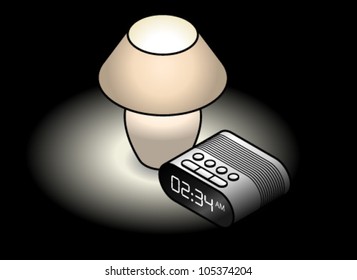 A bedside lamp with a clock radio; on a black background.