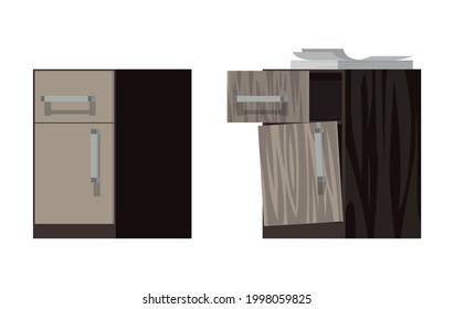 Bedside new and old, whole and broken. Vector illustration, flat.