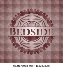 Bedside red emblem or badge with abstract geometric pattern background. Seamless.