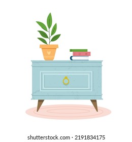 A bedside table with books and indoor flower. The interior of the bedroom. Night stand in flat style. Vector illustration isolated on white background