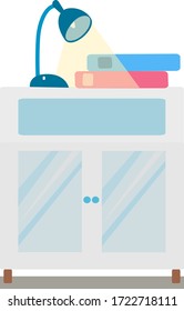 Bedside table with books and table lamp. Furniture for home interior. Graphic drawing. Close-up.